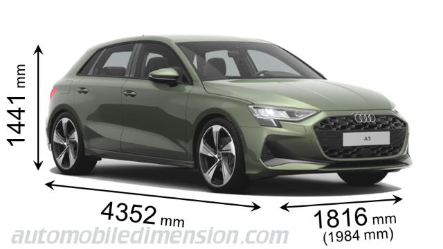 Audi A3 Sportback 2024 afmetingen met lengte, breedte en hoogte